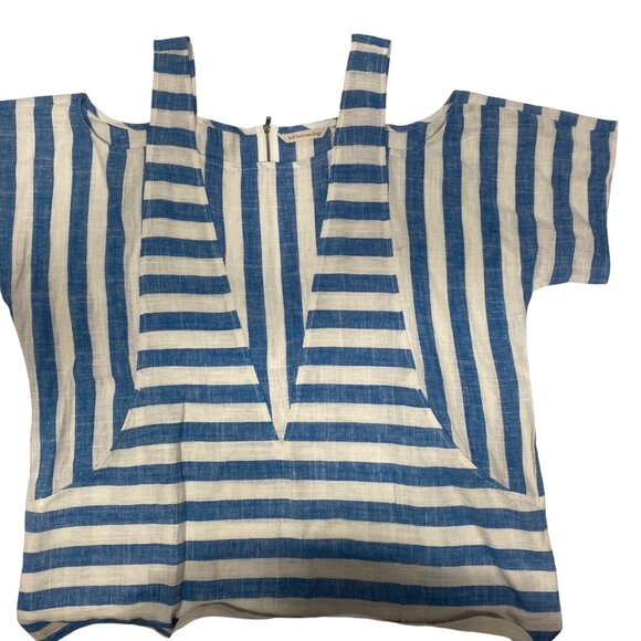 Soft Surroundings Linen Blend Cold-Shoulder Top PXL Blue White Striped Short Sl - Picture 5 of 12